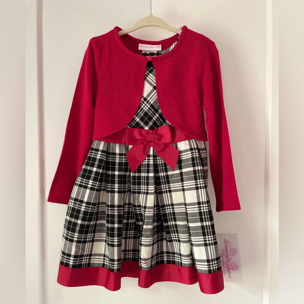 Black and white plaid girls dress with red sweater